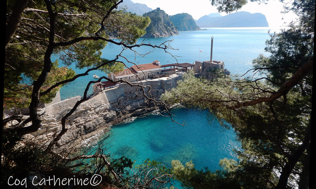 Vue sur le port de Petrovac entre les arbres avec la mer turquoise