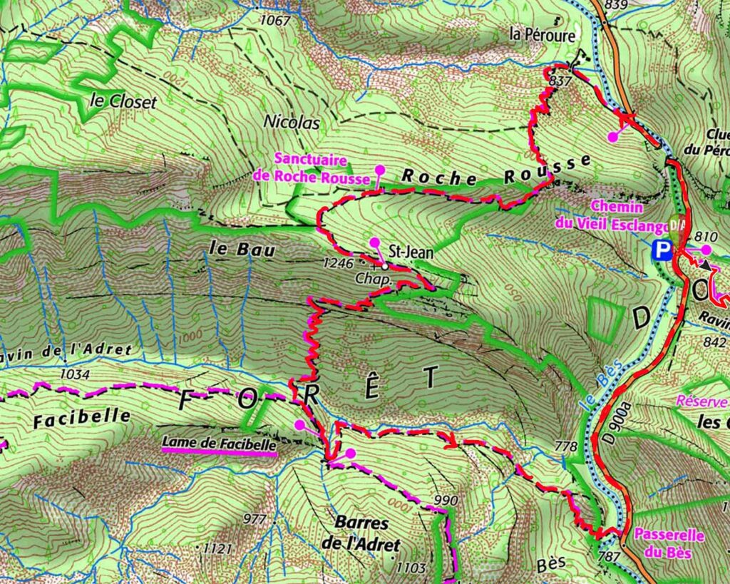 Carte IGN de l’itinéraire de la rando lame de Facibelle et Vélodrome par Saint Jean du Désert