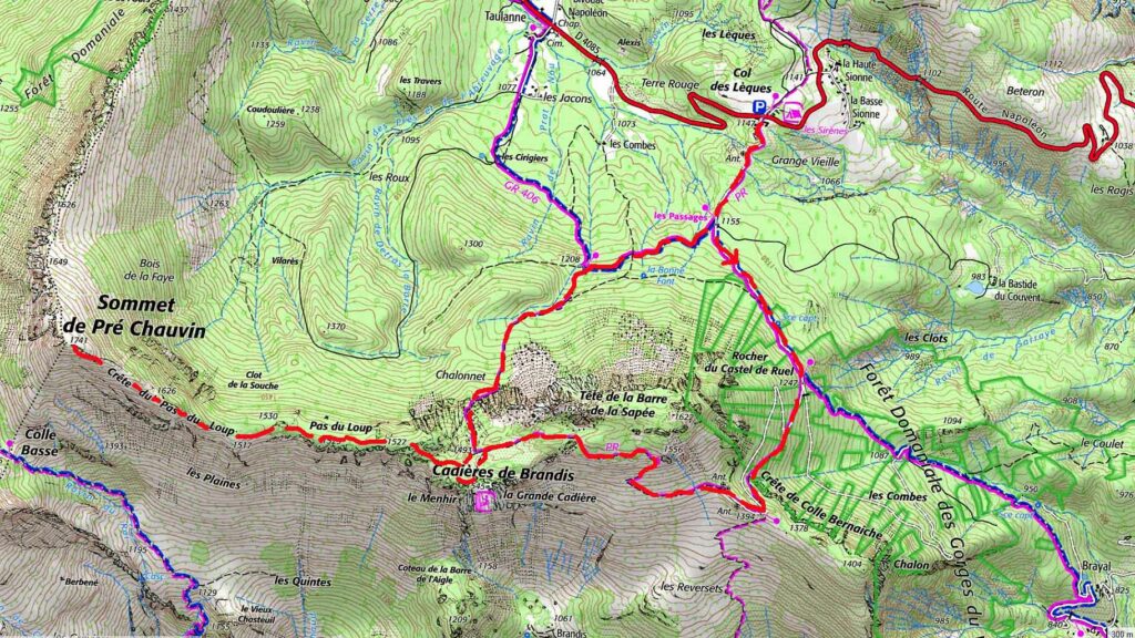 Carte IGN de l’itinéraire de randonnée les Cadières de Brandis et le Pré Chauvin
