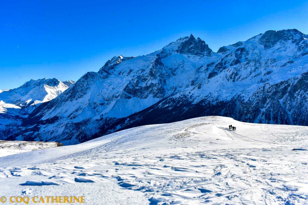 Un groupe de skieurs sur le plateau d’Emparis et devant le massif de la Meije