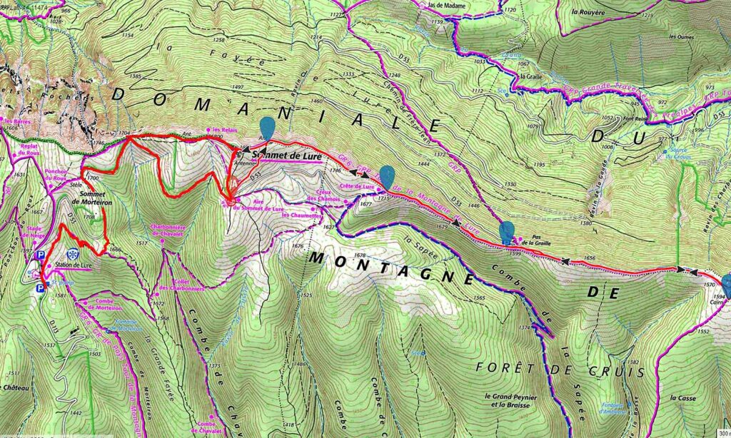 carte IGN de l’itinéraire de la rando sur la montagne de Lure