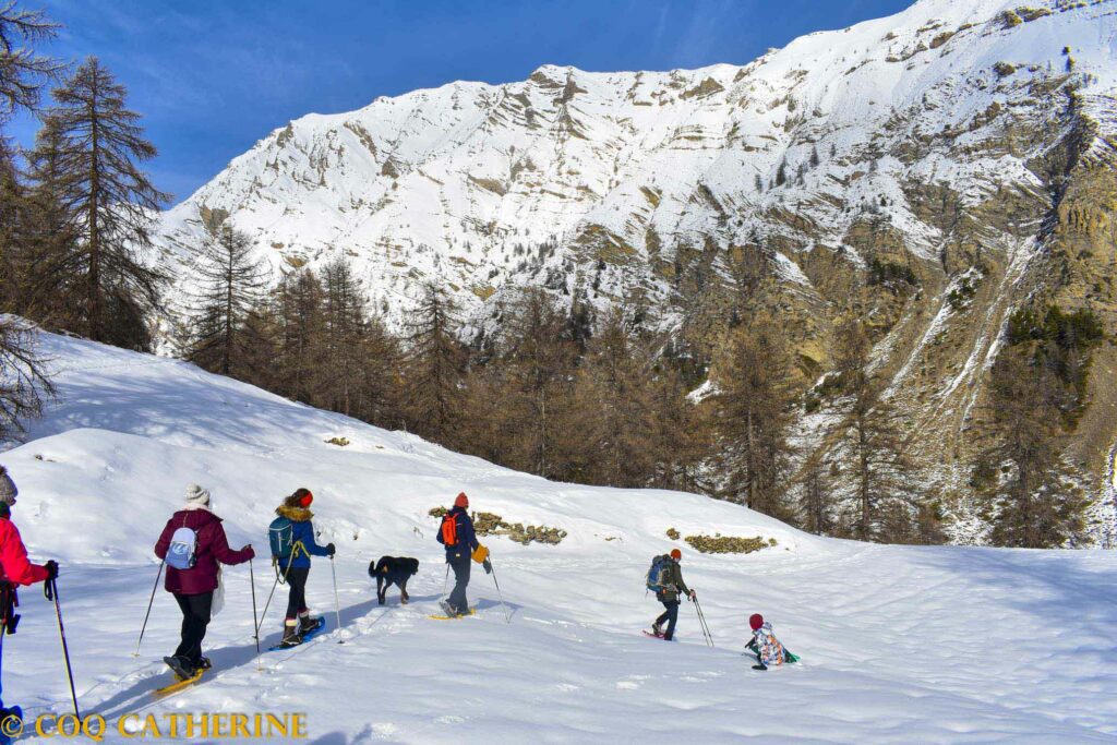 un groupe de personne en raquette à neige avec un chien dans la vallée de l’Ubaye