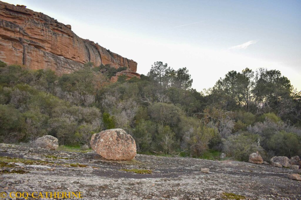 Les falaises rouges du rocher de Roquebrune avec des blocs de rocher