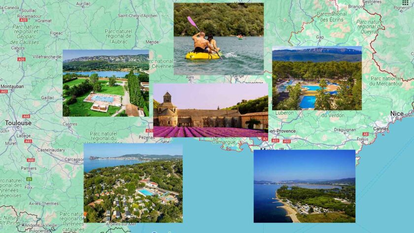 montage de 6 photos des campings Homair sur la carte IGN du Sud de la France