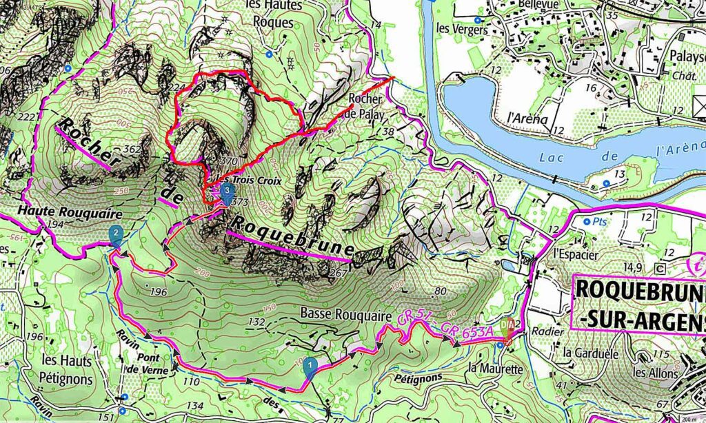 Carte IGN de l’itinéraire de rando du Rocher de Roquebrune par Palay