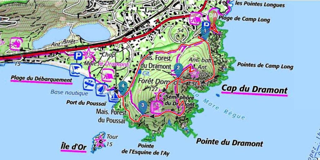 Carte IGN de l’itinéraire de la rando du Cap du Dramont