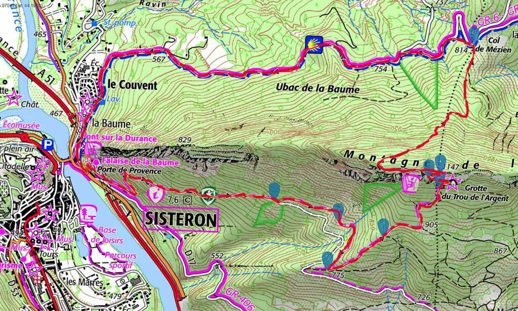 Carte IGN de l’itinéraire de la rando du trou de l’Argent autour de la Baume de Sisteron