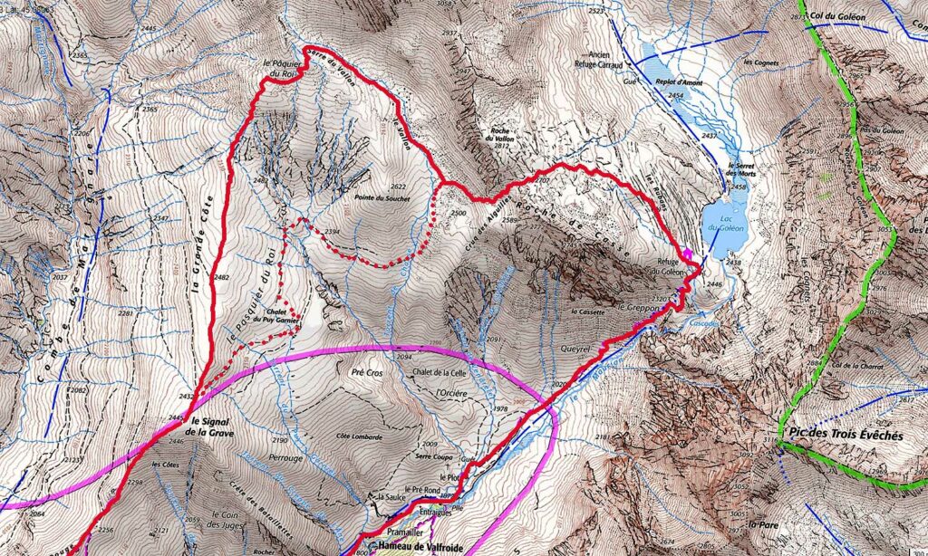 Carte IGN de l’itinéraire de la rando pour le Signal de la Grave et le lac du Goléon