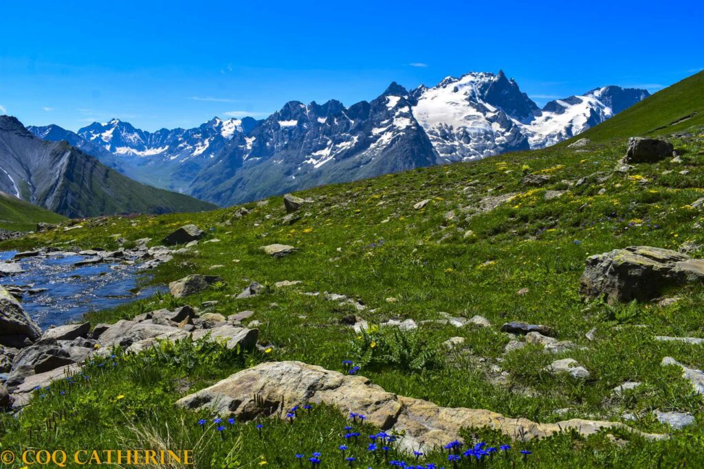 Panorama sur la Meige depuis le Serre du Vallon sous la pointe du Souchet sur la sente du Signal de la Grave au lac du Goléon