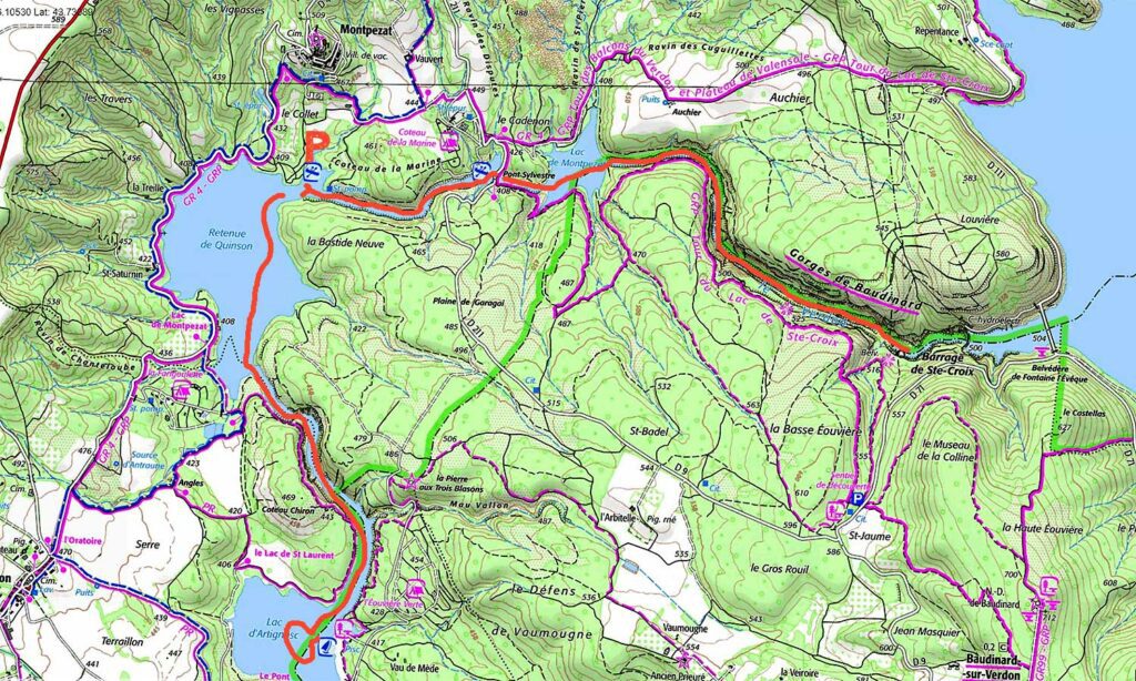 carte IGN de l’itinéraire dans les gorges de Baudinard sur Verdon