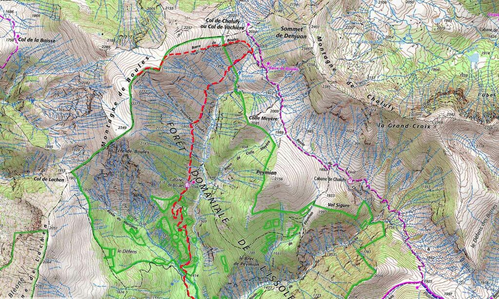 Carte IGN de l’itinéraire de la rando pour la Montagne et la cabane de Boules