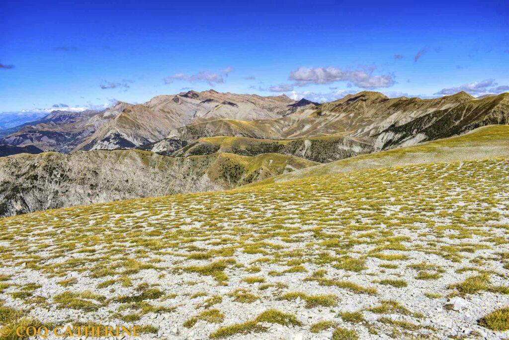 Panorama sur le massif de l’Estrop avec les pierriers de la Montagne de Boules au sol