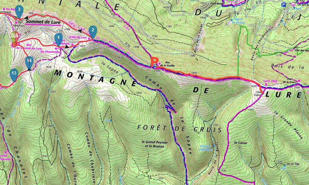 Carte IGN de l’itinéraire de la rando pour le Cairn 2000 de la montagne de Lure