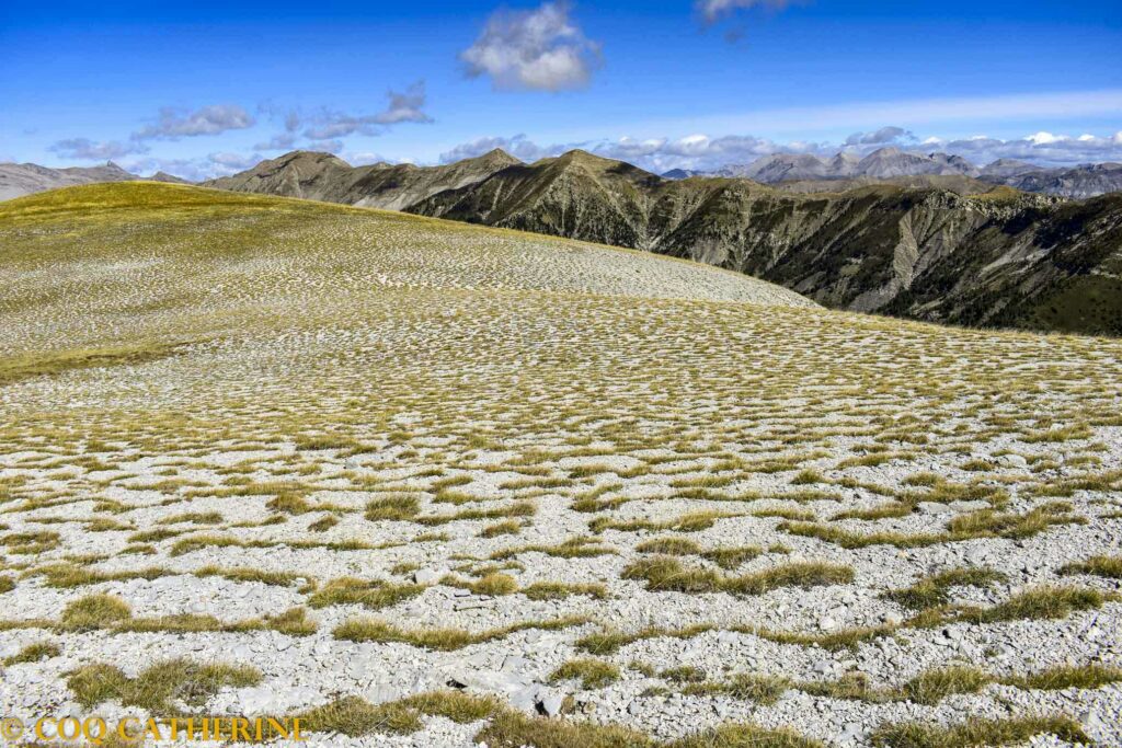 panorama sur le massif de l’Estrop et les cailloux de la Montagne de Boules