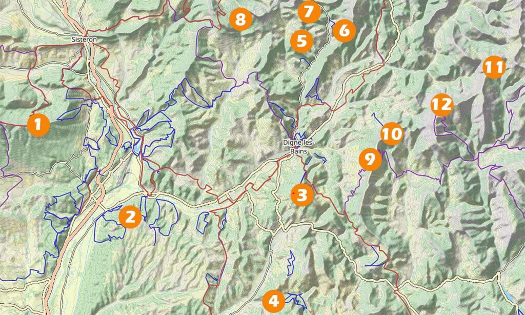 Carte IGN de 12 itinéraires de randonnée autour de Digne les Bains