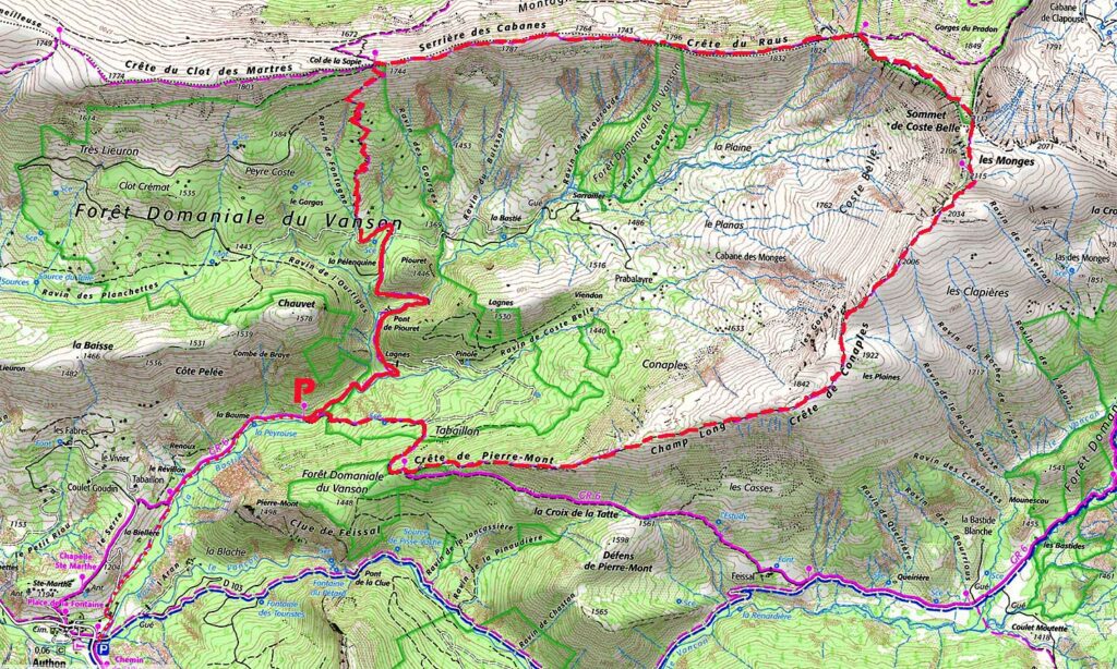 Carte IGN de l’itinéraire de la rando du tour des crêtes des Monges et Coste Belle