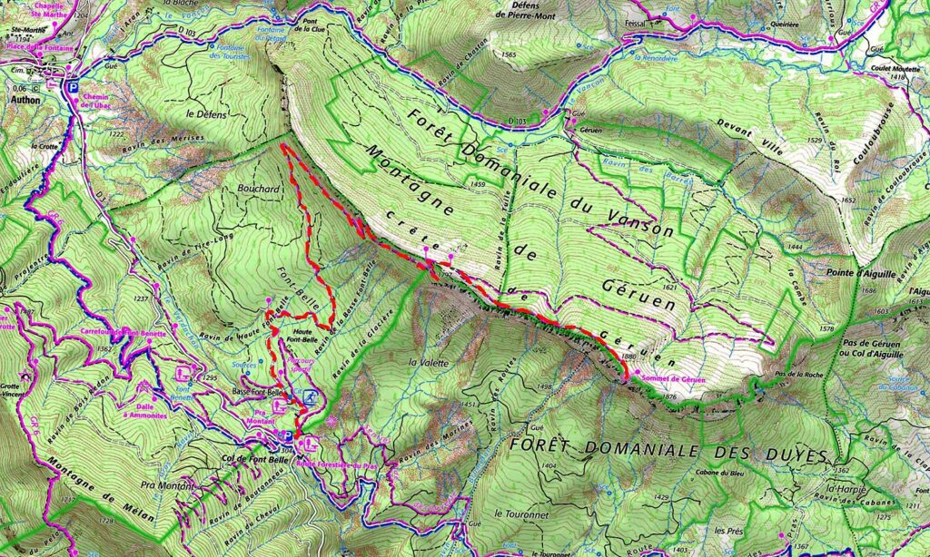 Carte IGN de l’itinéraire de la rando la Crête de Géruen