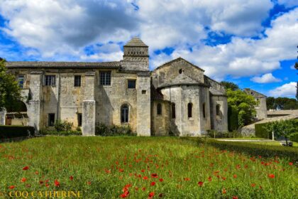 L’église du Monastère de Saint Paul Mausole à Saint Remy avec un champs de coquelicot