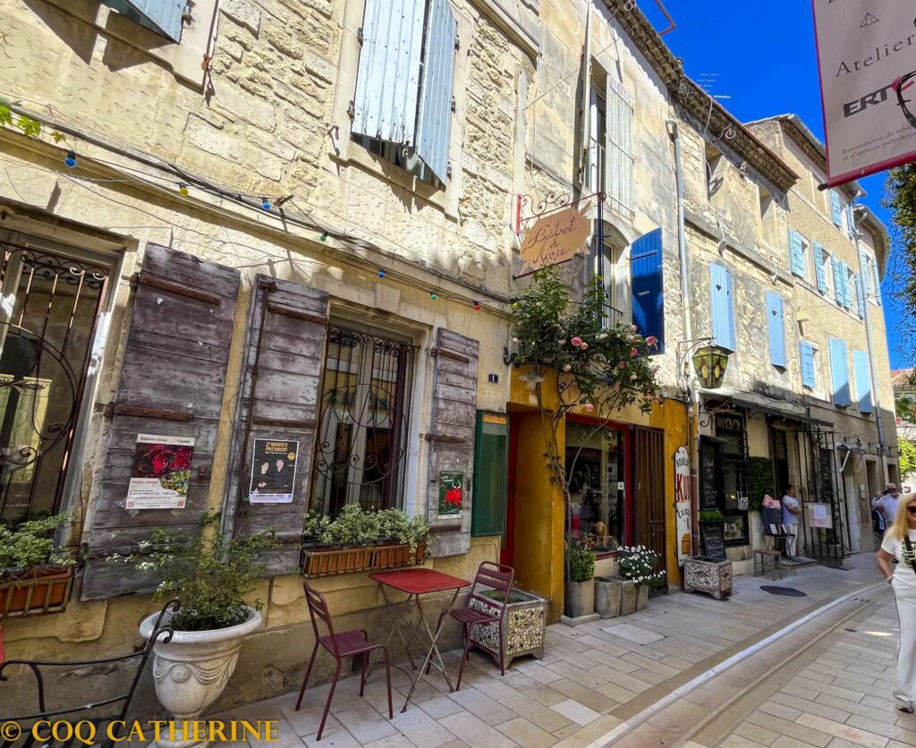 Les boutiques dans une rue de Saint Remy avec des touristes