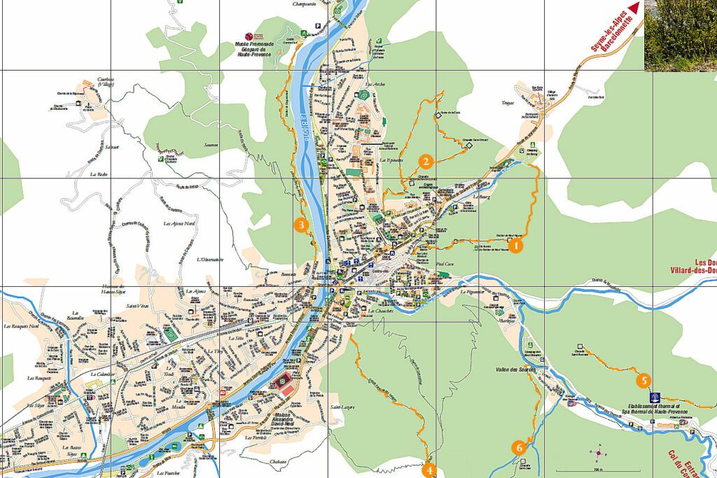 Carte de la ville de Digne les Bains avec les itinéraires de randonnée