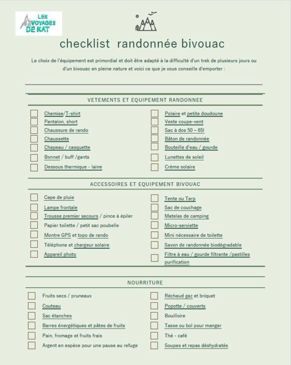 checklist pour bivouac avec tout l’équipement nécessaire