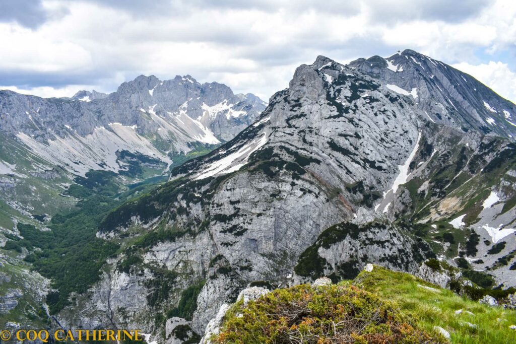 Belvedere sur les sommets du Bobotov Kuk et de Prutas dans les Durmitor au Montenegro avec des branches mortes en premier plan