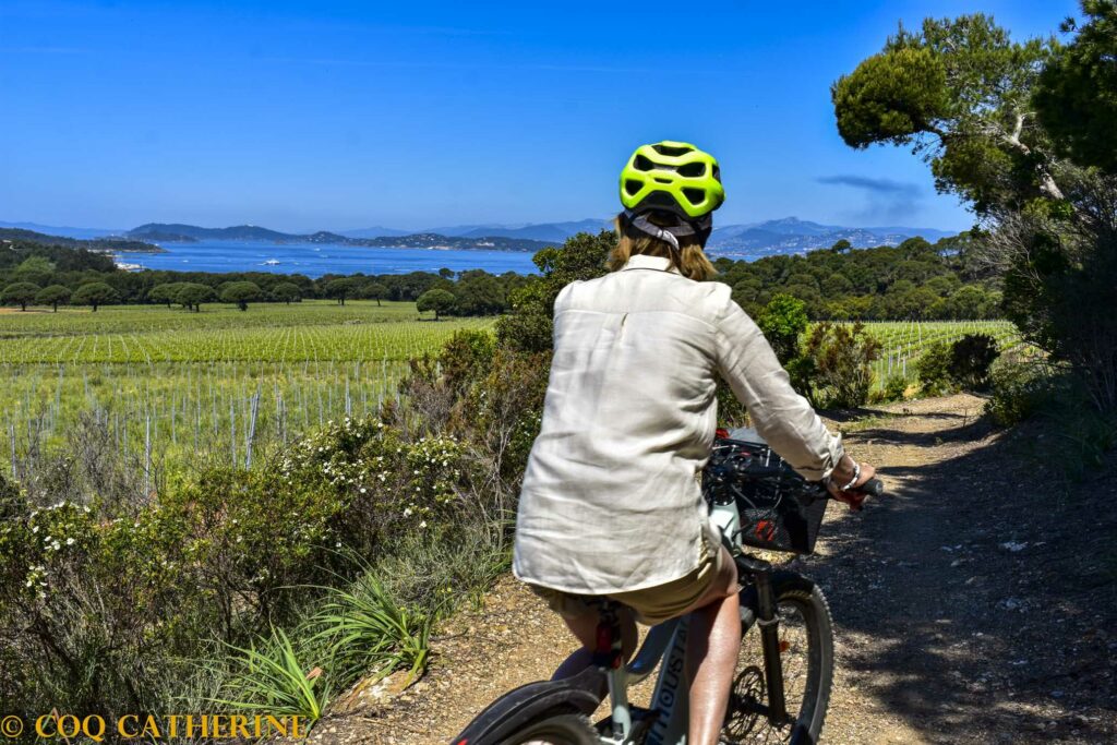 Une femme sur un vélo sur un chemin de Porquerolles avec les vignobles et plus bas, la mer