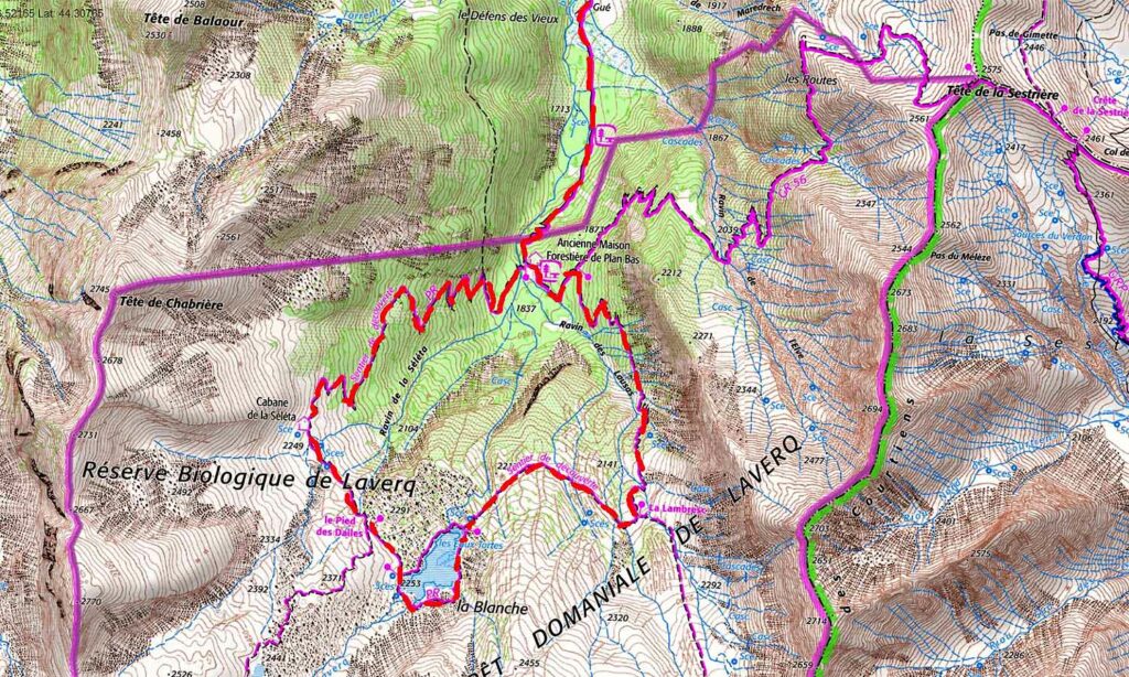 Carte IGN de l’itinéraire de randonnée les Eaux Tortes du Vallon de Laverq