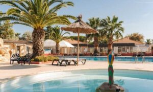 Les piscines du Camping La Presqu’île de Barcarès avec des palmiers et des chaises longues