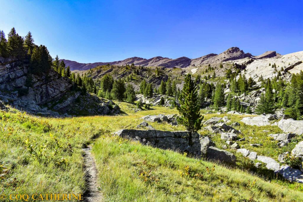 sur le sentier découverte les Eaux Tortes du Vallon de Laverq au pied de l’Estrop