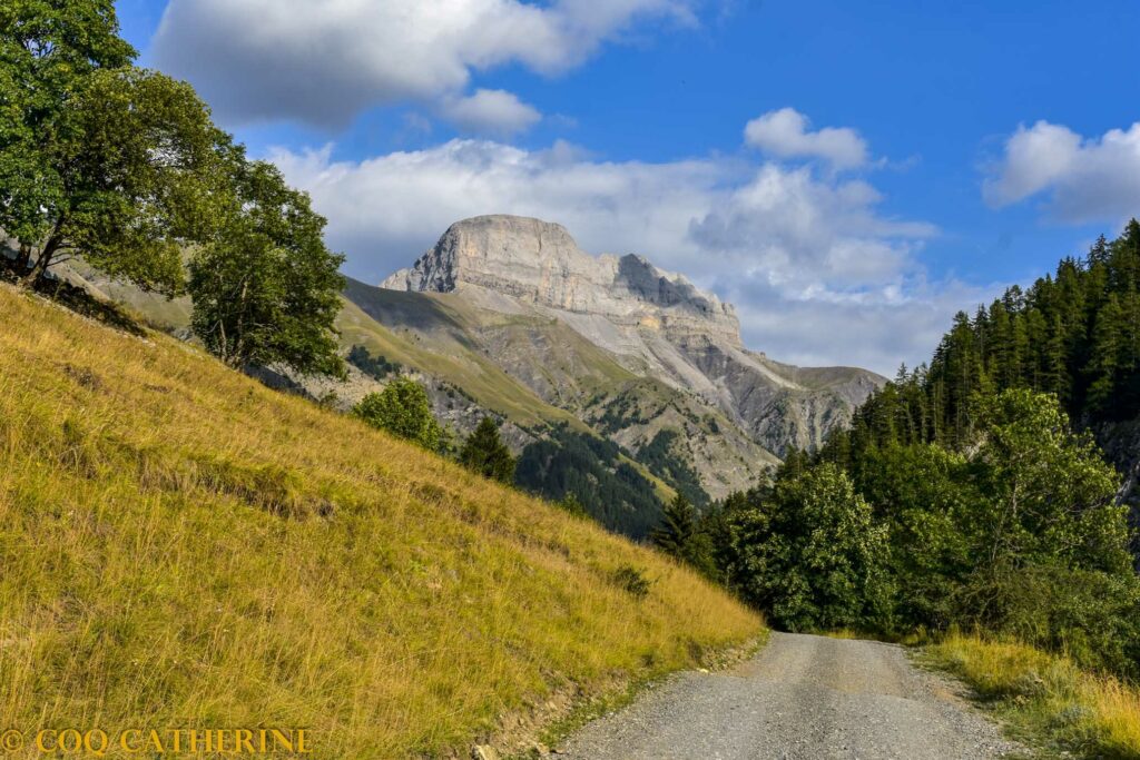 la piste dans le vallon de Laverq avec le sommet de la Grande Séolane