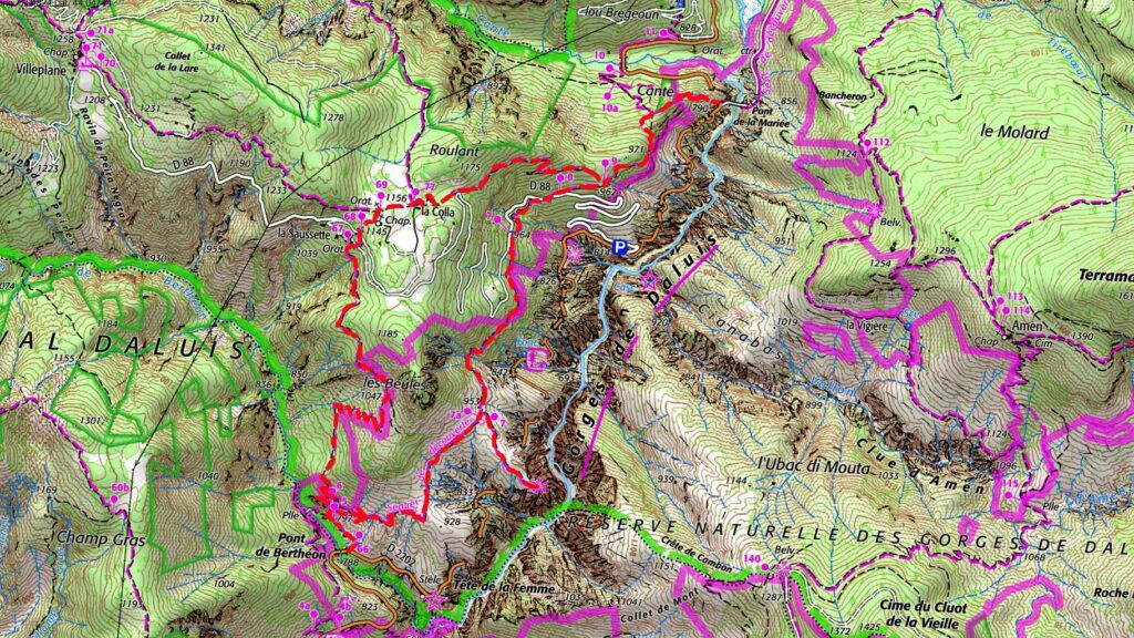 Carte IGN de l’itinéraire de la randonnée pour le point sublime dans les Gorges de Daluis
