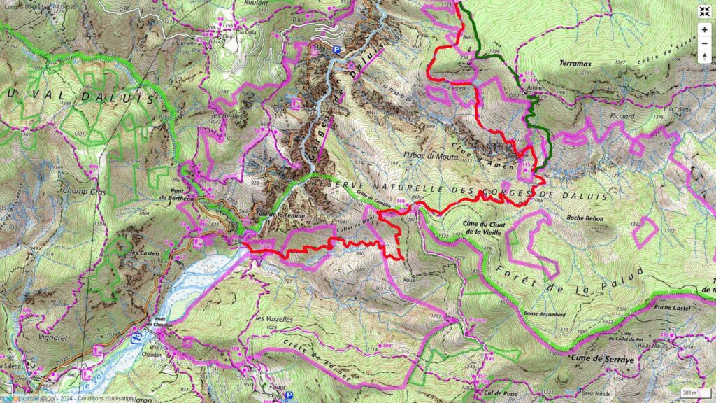 Carte IGN de l’itinéraire de la randonnée pour le chemin en belvédère dans les Gorges de Daluis