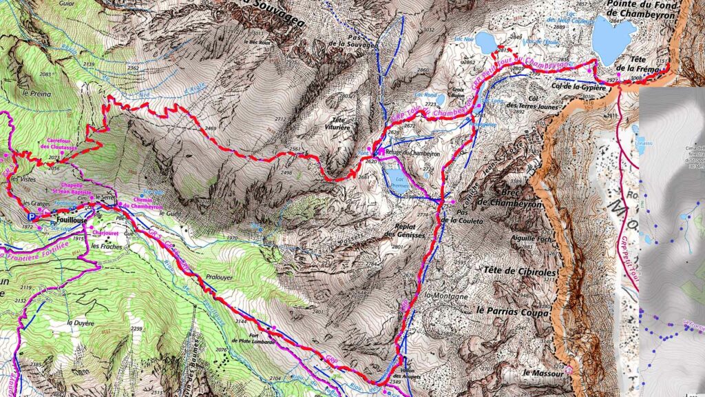 Carte IGN de l'tinéraire de la Tête de la Frema et le lac des neuf couleurs en randonnée