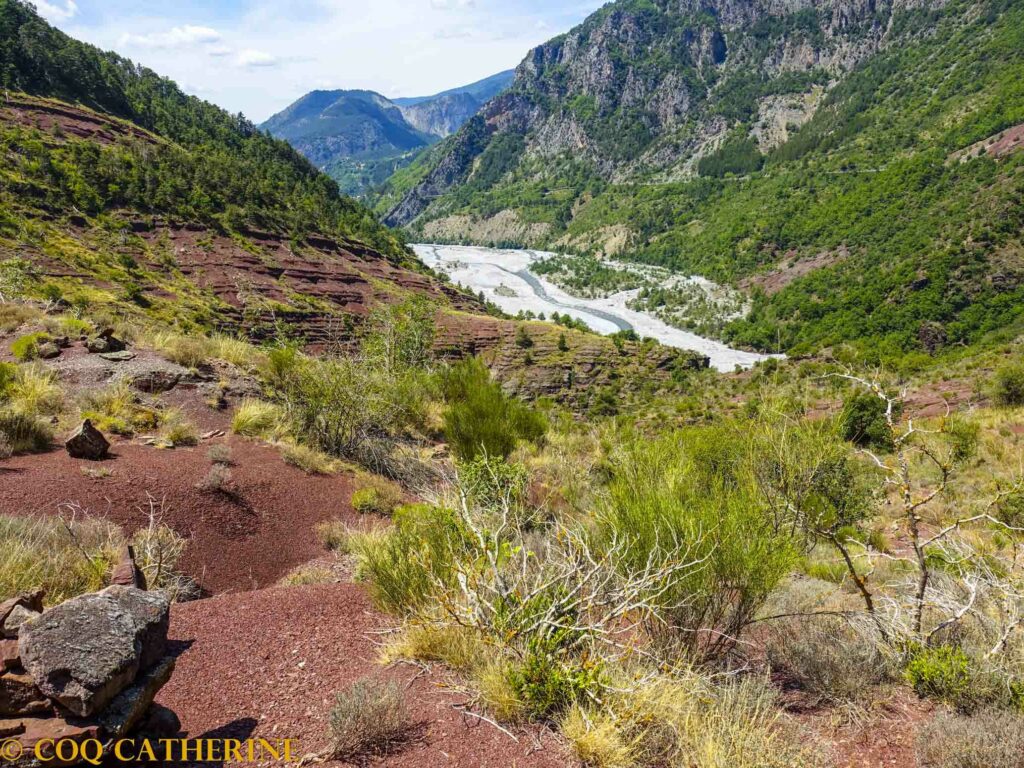 Le sentier dans les éboulis de pélite rouge avec des buissons et le Var