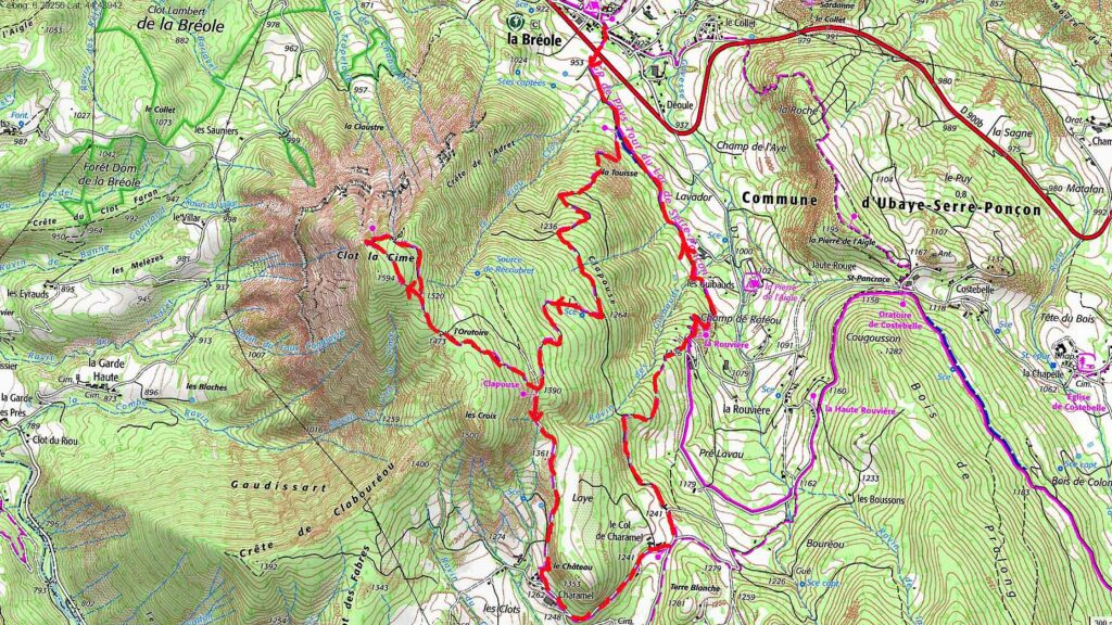 Carte de l’itinéraire de la randonnée pour le sommet du Clot de la Cime depuis la Breole