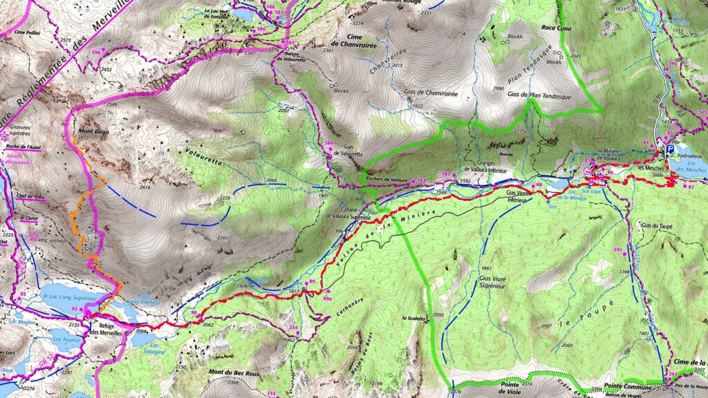 Carte IGN de l’itinéraire de la randonnée au Mont Bégo et découverte de la Vallée des Merveilles