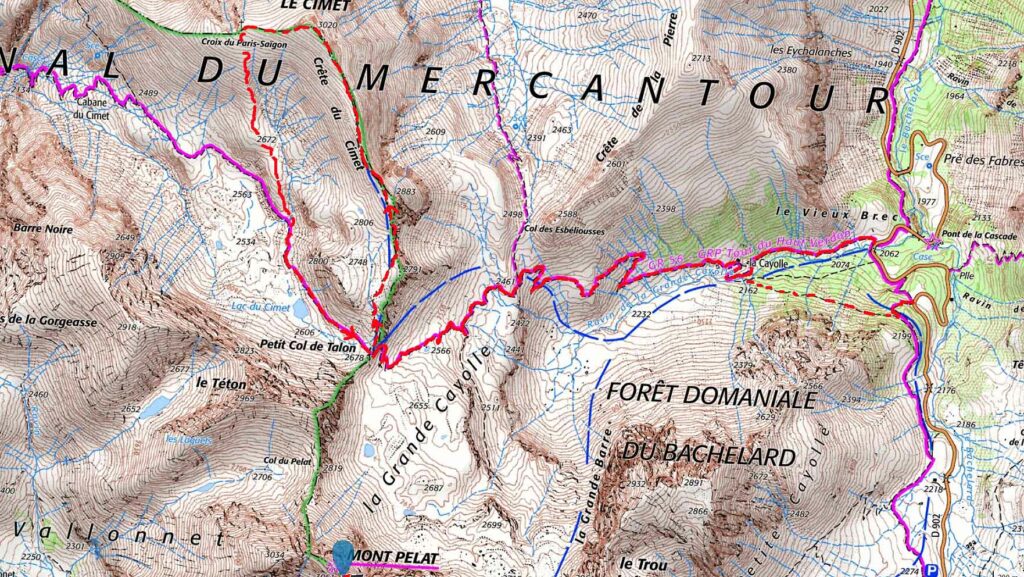 Carte IGN de l’itinéraire de la randonnée pour le sommet du Mont Cimet