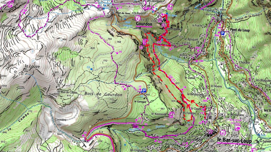 Carte IGN de l’itinéraire de rando de Gourdon le sentier du Paradis et l’aqueduc du Foulon