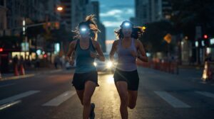 Deux femmes courent dans la nuit en ville avec des frontales