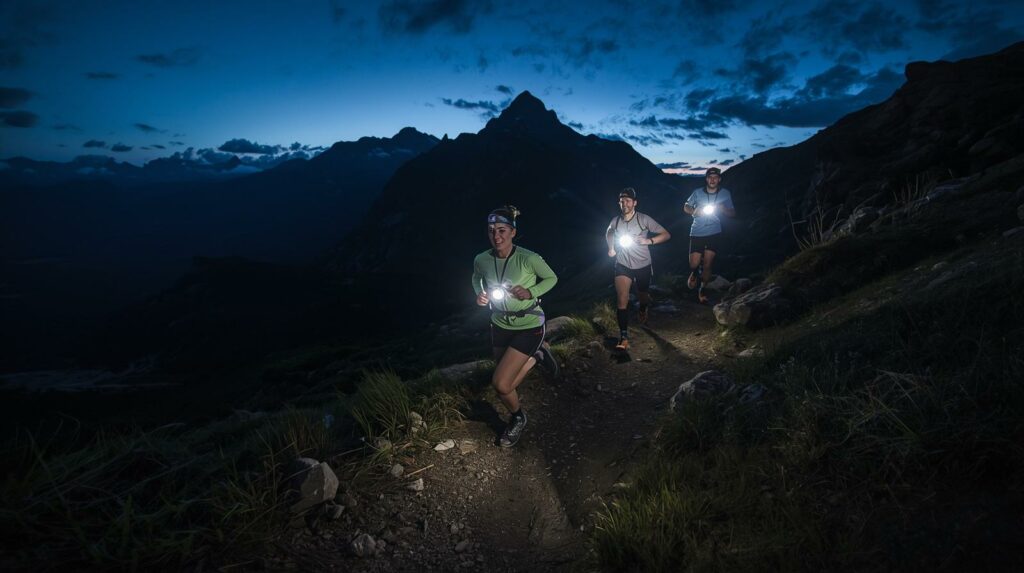 Des personnes courent dans la nuit en montagne avec des frontales