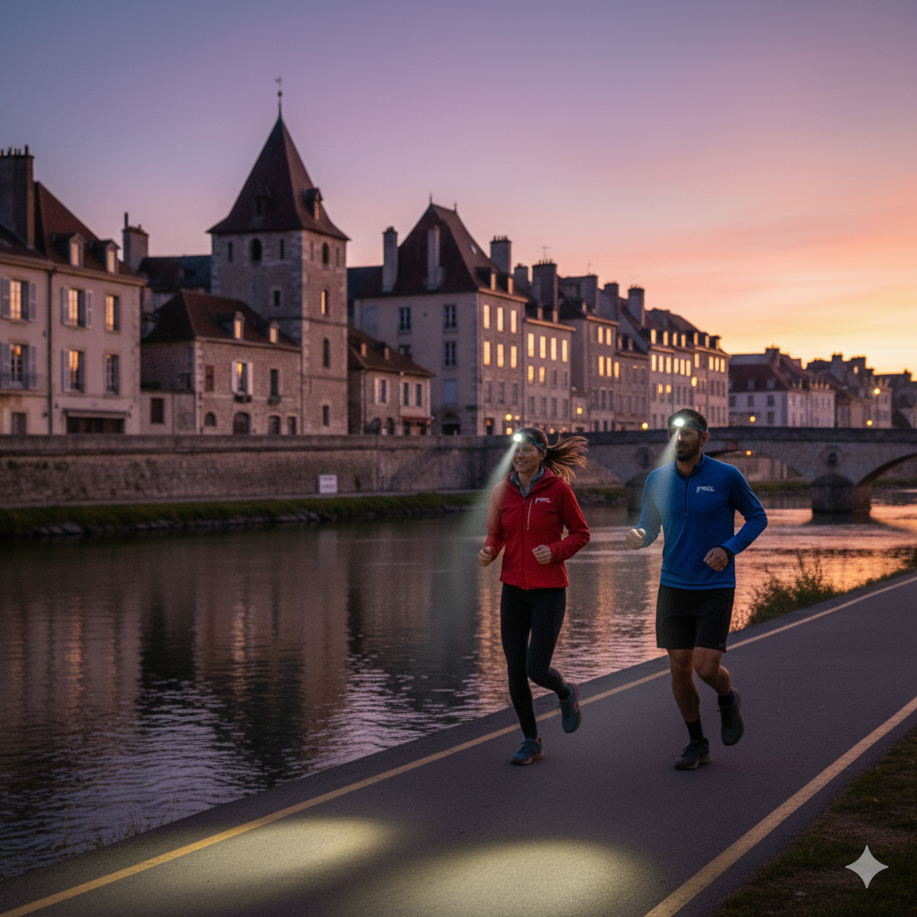Des personnes courent dans la nuit en ville avec des frontales au bord de la rivière