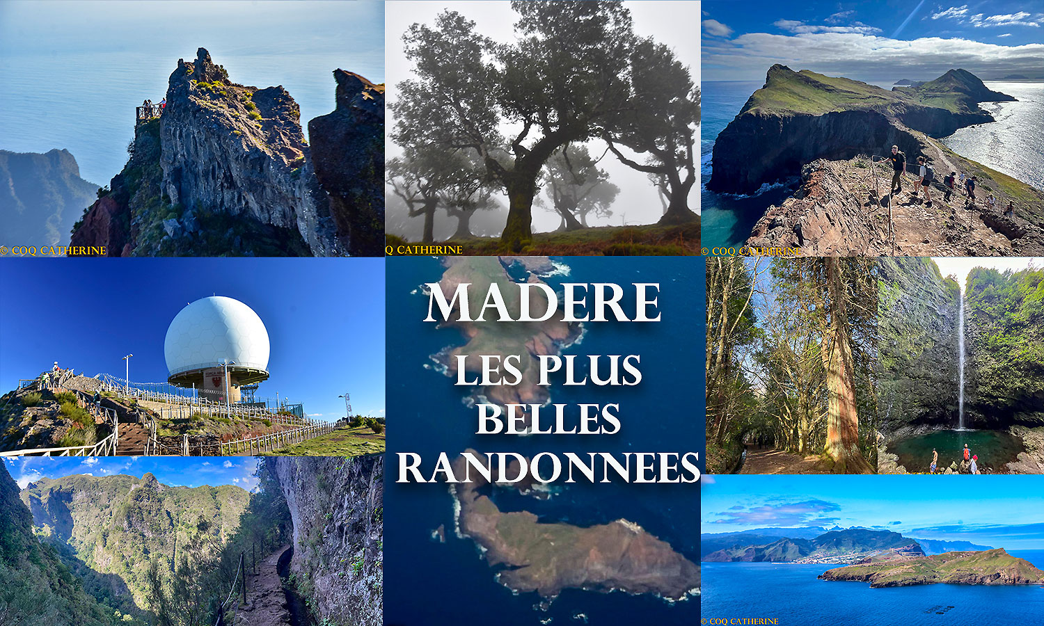 Montage de plusieurs photos sur le thème des plus belles randonnées de Madère sur un fond de vue aérienne de l’ile