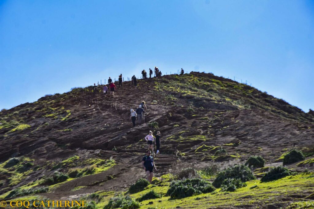 Une dizaine de randonneurs marchent sur un sommet de Madère