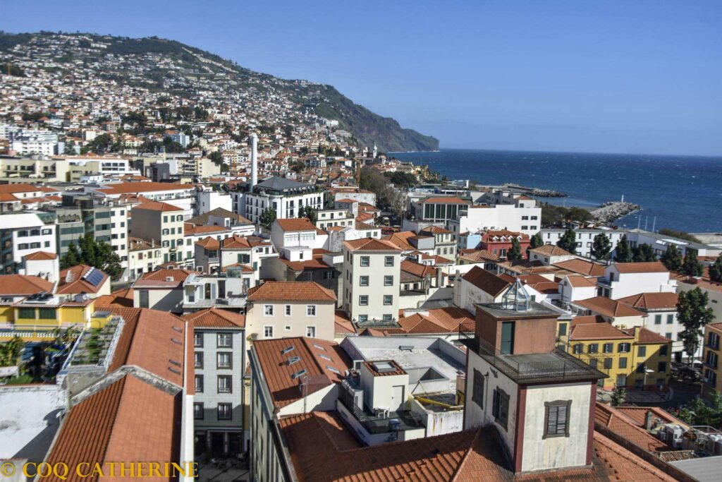 vue sur les toitures de Funchal avec la montagne urbanisée et la mer