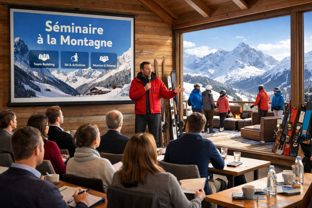 Un groupe de personne est rassemblé dans une piece ouverte face aux montagnes enneigées avec un homme qui anime la réunion séminaire a la montagnes