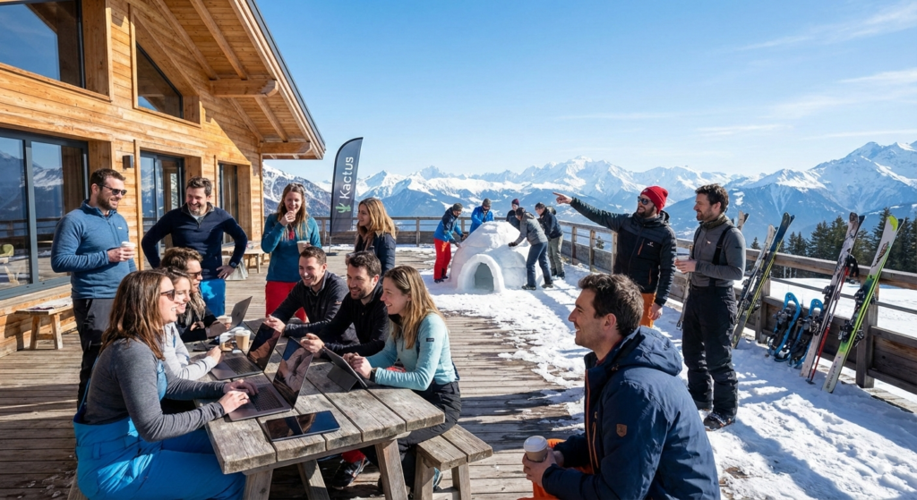 Un groupe de personne est rassemblé sur une terrasse face aux montagnes enneigées avec la construction d’un igloo