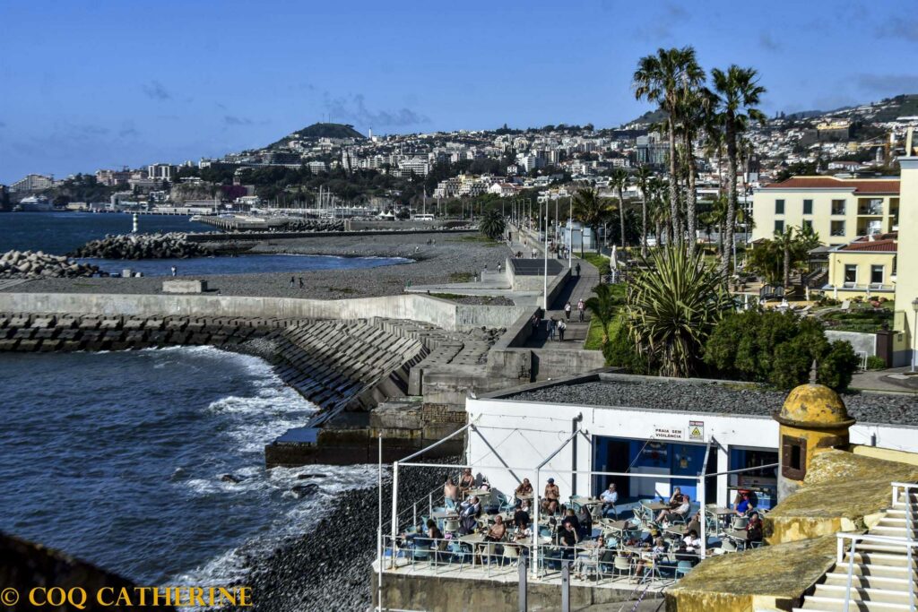 Panorama sur le port de Funchal avec une terrasse sur la mer, la page et de nombreux bâtiments