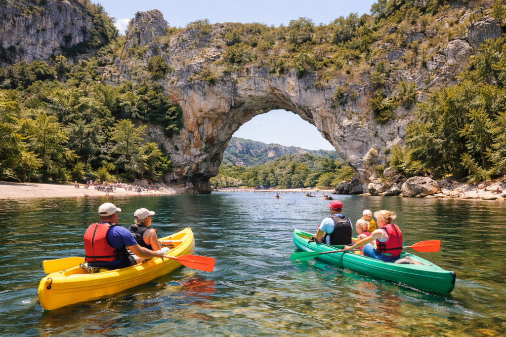Une famille est en canoe sur l’Ardeche avec l’arche de pierre et les falaises