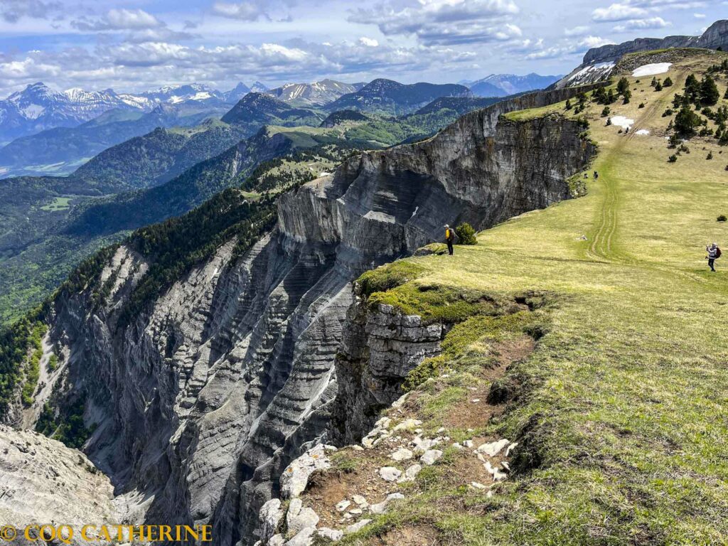 Panorama sur les montagnes des Ecrins, le Dévoluy et l’Obiou depuis le sommet de la Tête Chevalière dans le Vercors, avec un plateau herbeux et les falaises calcaires 1 randonnee vercors hauts plateaux coq 71